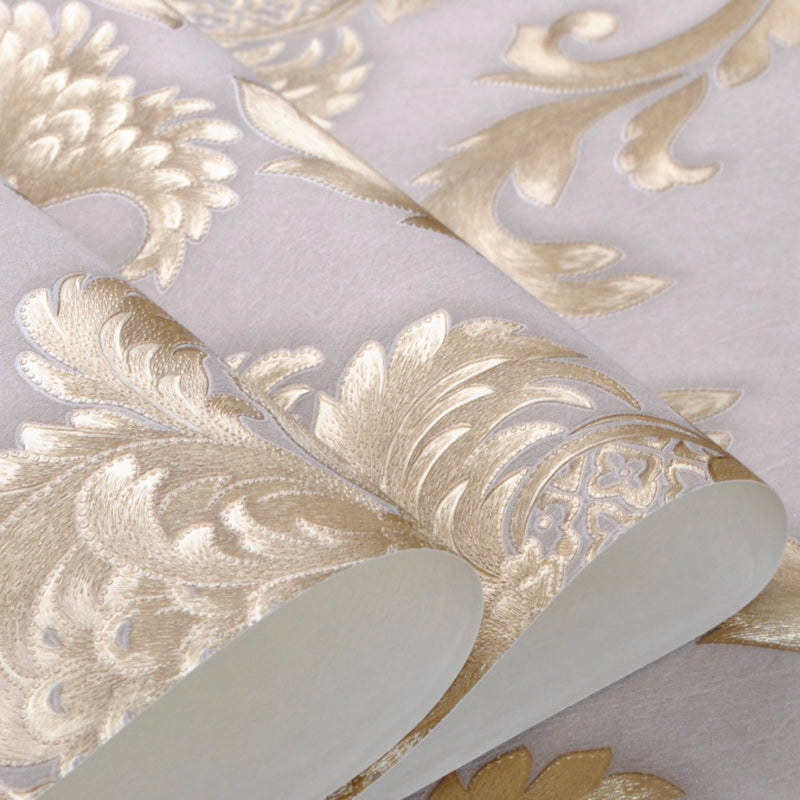 Luxury Gold Damask Wallpaper Textured Embossed Vinyl Wall Covering Classic Home Decor Beige-Grey Background & Gold Motif