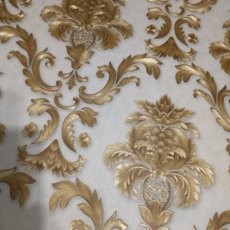 Luxury Gold Damask Wallpaper Textured Embossed Vinyl Wall Covering Classic Home Decor Beige-Grey Background & Gold Motif