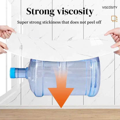 Product demonstrating strong viscosity with a clear sheet adhering to a water bottle on a white background.