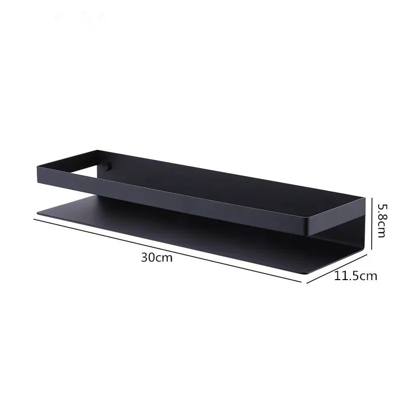Black rectangular shelf with dimensions on a white background