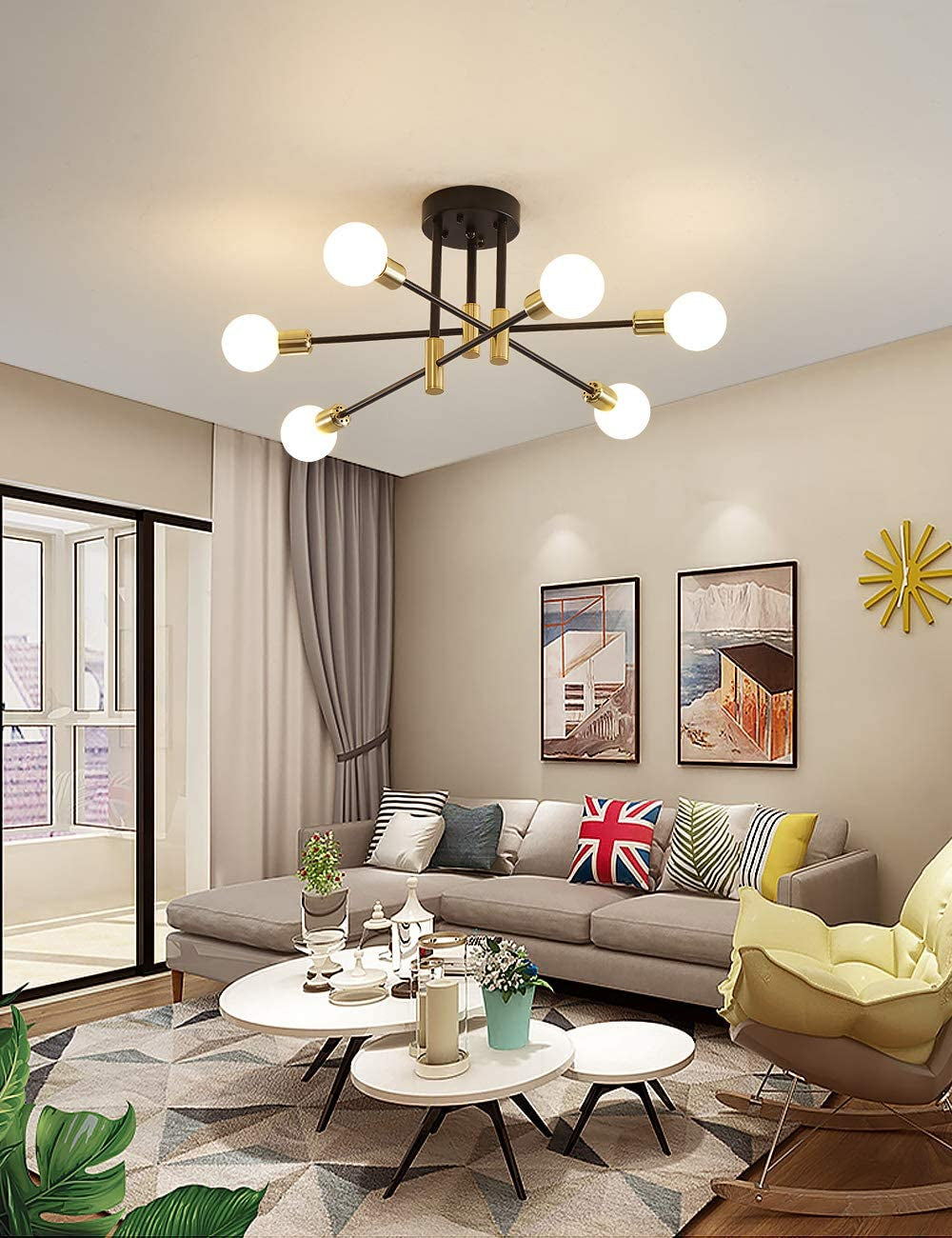Modern Classic Starburst LED Chandelier Brushed Gold Semi-Flush Mounted Ceiling Light For Living Room Dining Room Trending Home Decor