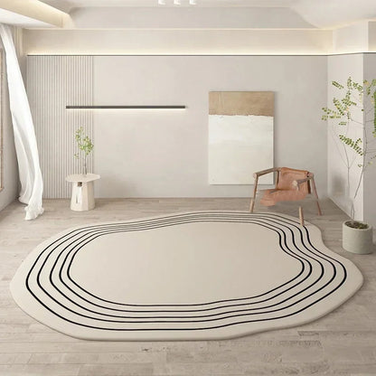 Beige rug with black lines in a modern room with a mirror and plant.