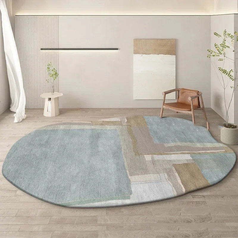 Round geometric rug on a wooden floor with a neutral color palette