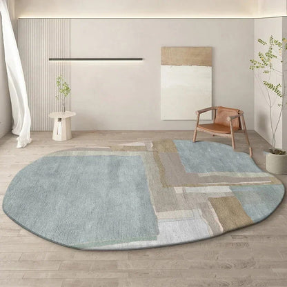 Round geometric rug on a wooden floor with a neutral color palette