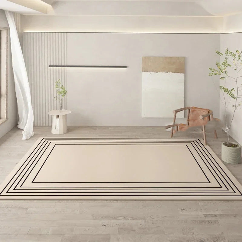 Beige area rug with black geometric pattern on a wooden floor, ZL INNIN Store branding visible.