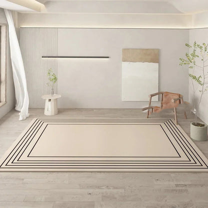 Beige area rug with black geometric pattern on a wooden floor, ZL INNIN Store branding visible.