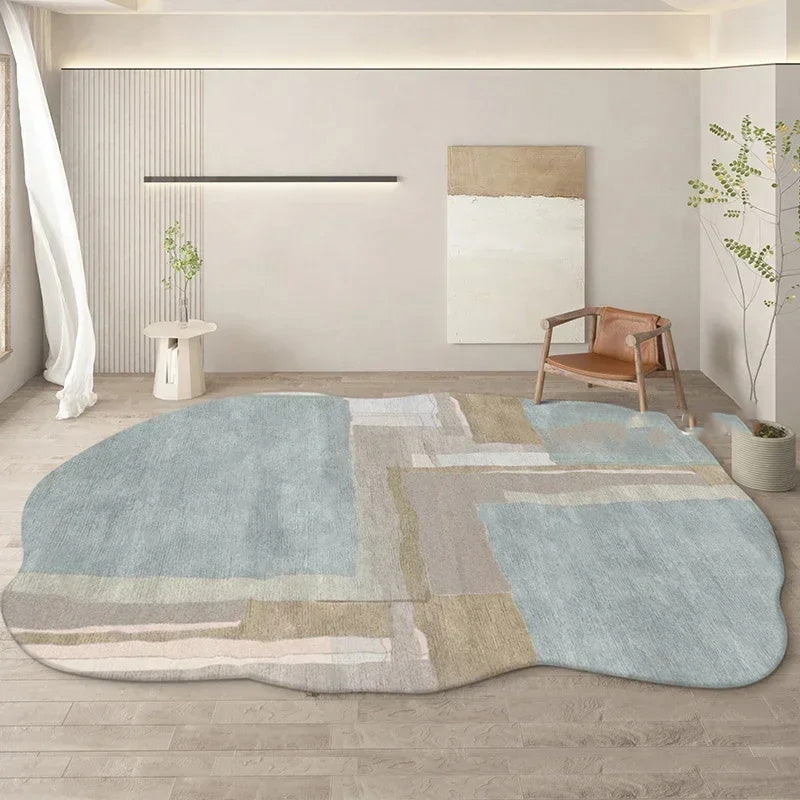 Modern abstract rug on a wooden floor with a minimalistic room setting.