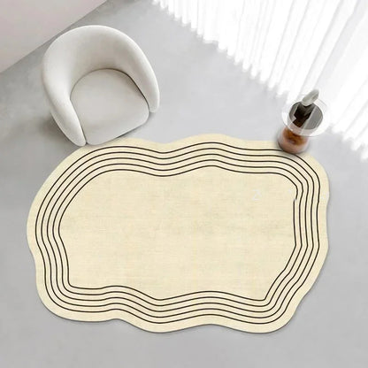 Beige placemat with wavy black lines on a gray surface