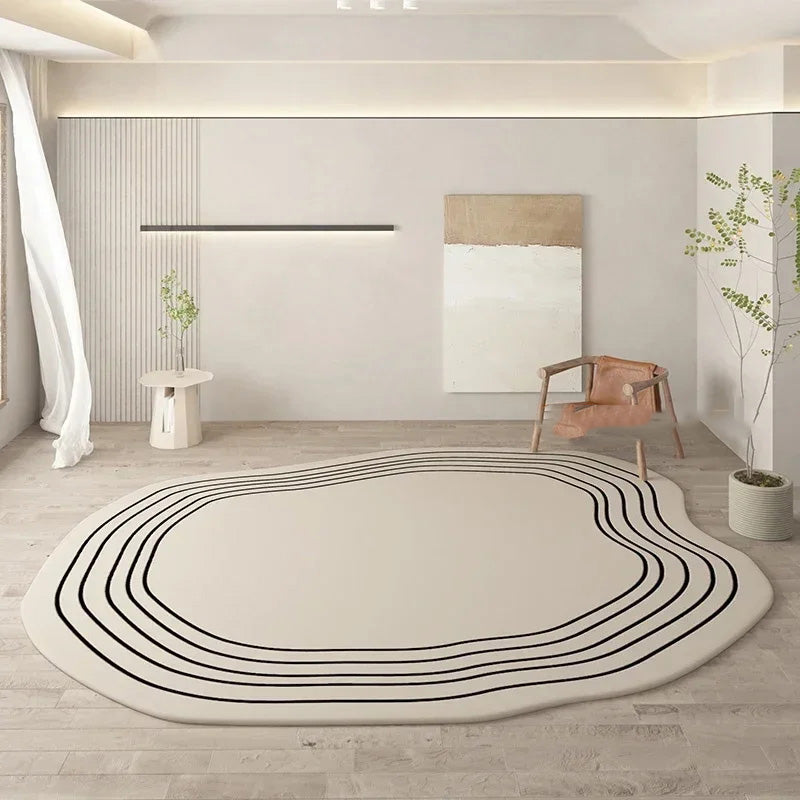 Beige rug with black lines in a modern room with a mirror and plant.