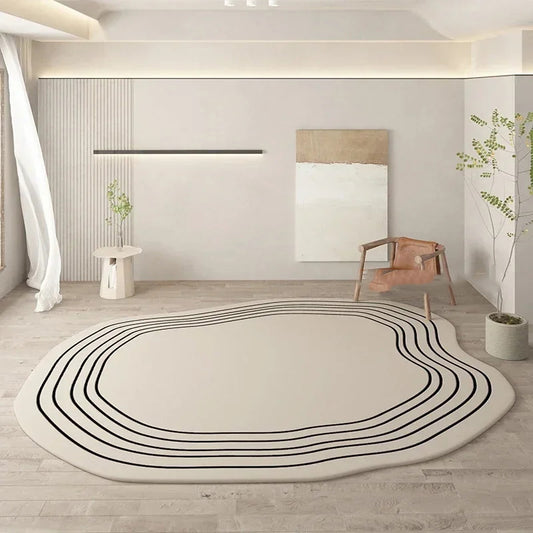 Beige rug with black lines in a modern room with a mirror and plant.