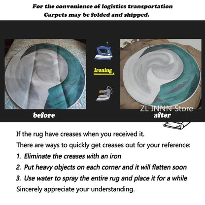 Instructions for flattening a folded rug using an iron, with 'before' and 'after' images.