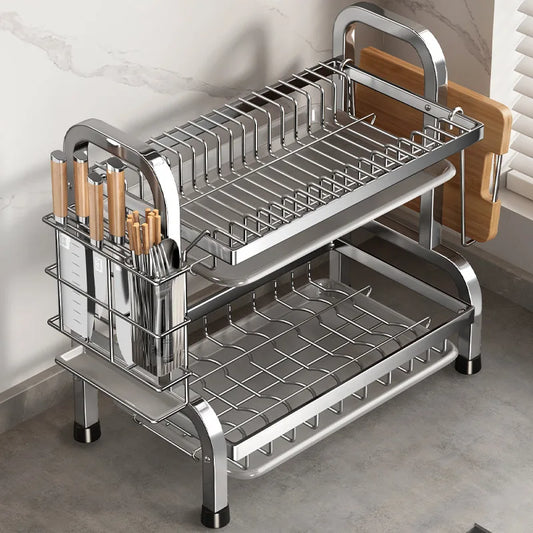 Modern Compact Kitchen Dish Rack – Rustproof Countertop Organizer Drainage Rack with Cutlery Tray