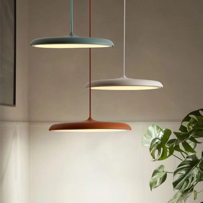 Modern Designer LED Disk Pendant Light – Minimalist Round UFO Style Hanging Lamp Fixture for Dining Table, Kitchen Island & Modern Home Decor