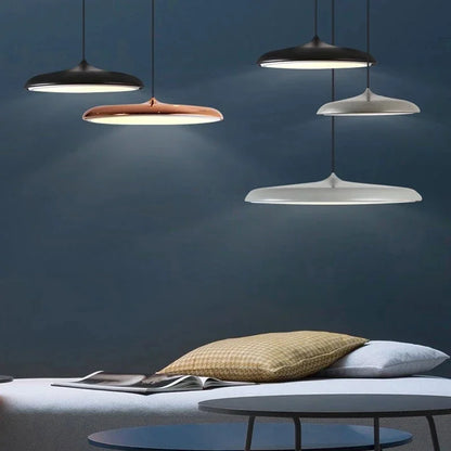 Modern Designer LED Disk Pendant Light – Minimalist Round UFO Style Hanging Lamp Fixture for Dining Table, Kitchen Island & Modern Home Decor