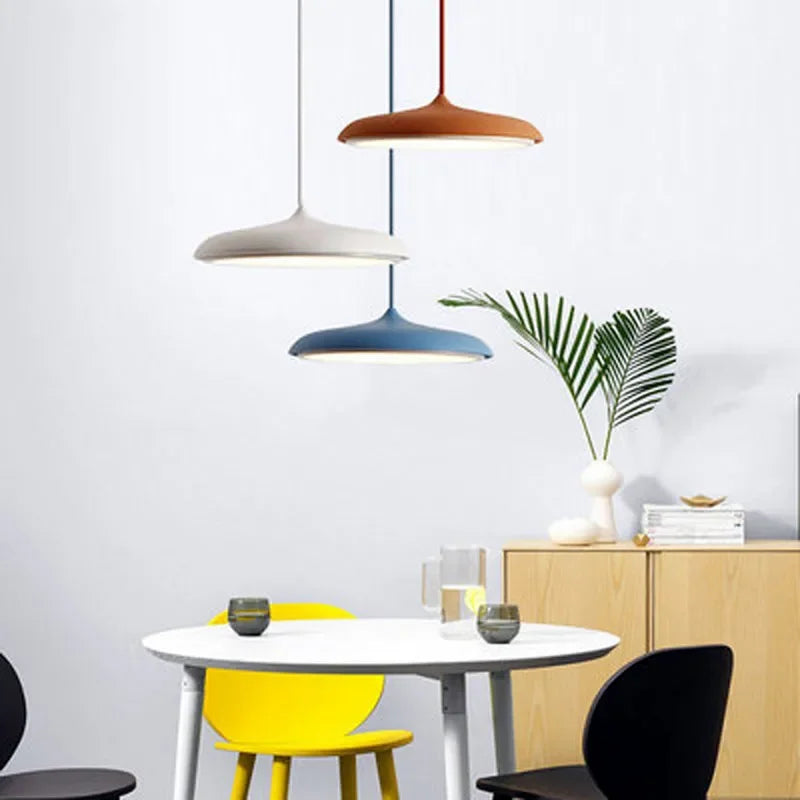 Modern Designer LED Disk Pendant Light – Minimalist Round UFO Style Hanging Lamp Fixture for Dining Table, Kitchen Island & Modern Home Decor