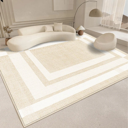 Beige area rug with white stripes in a modern living room setting