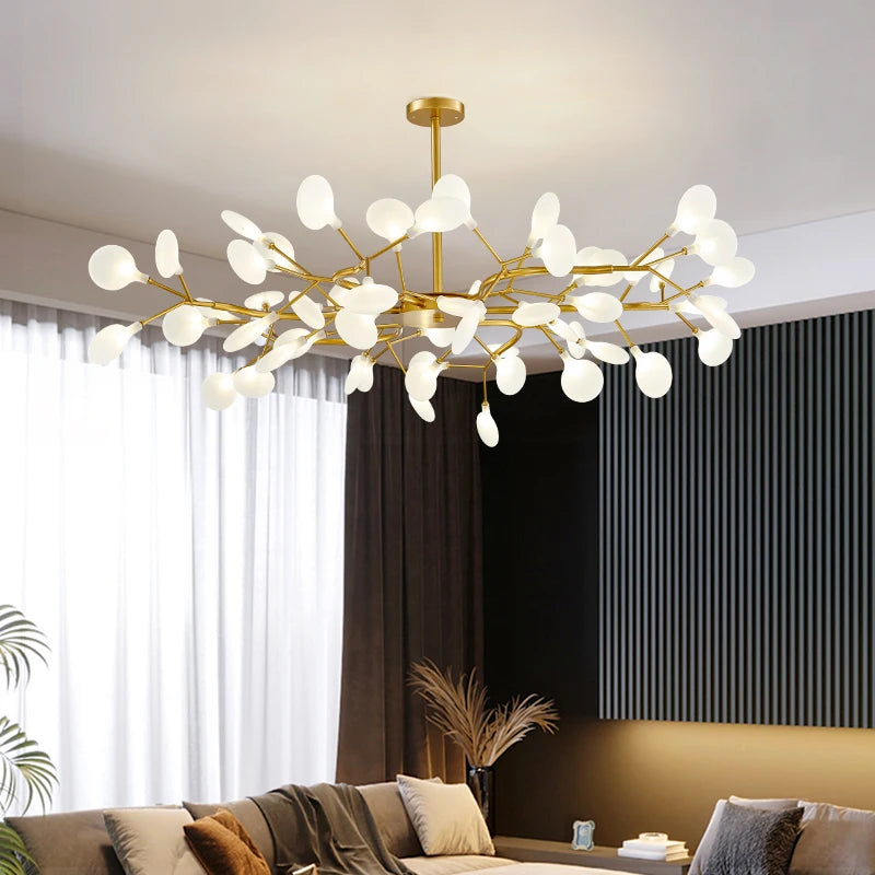 Modern Luxury Golden White LED Chandelier Ceiling Light Statement Piece - Sculptured Organic Branches Design With White Petal Lights