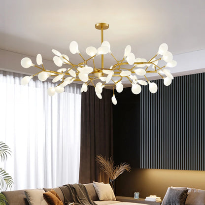 Modern Luxury Golden White LED Chandelier Ceiling Light Statement Piece - Sculptured Organic Branches Design With White Petal Lights