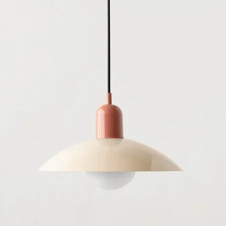 Pendant light with a pink base and beige shade on a white background