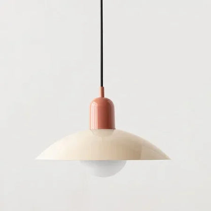 Pendant light with a pink base and beige shade on a white background