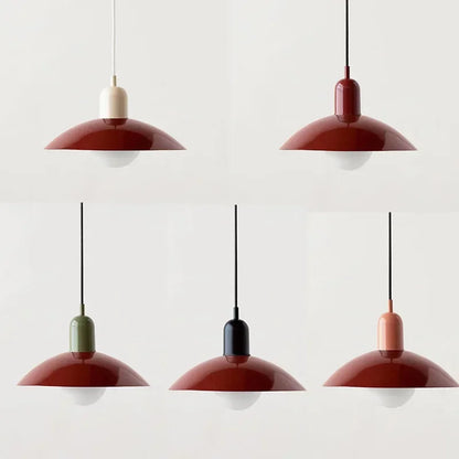 Set of five pendant lights with red and white design on a light gray background