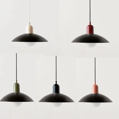 Set of five pendant lights with various colored accents on a white background
