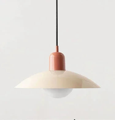 Modern pendant light with a pinkish-brown fixture on a white background
