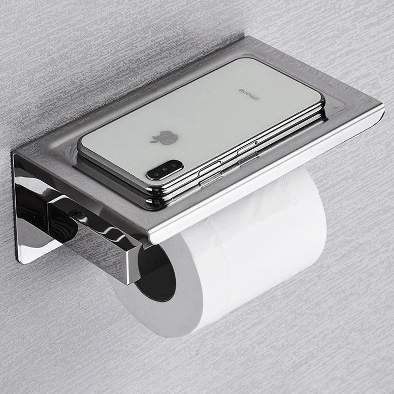 Modern Toilet Paper Dispenser With Shelf – Finished In Matte Black / Silver Stainless Steel Designer Bathroom Accessory with Tissue Roll Holder