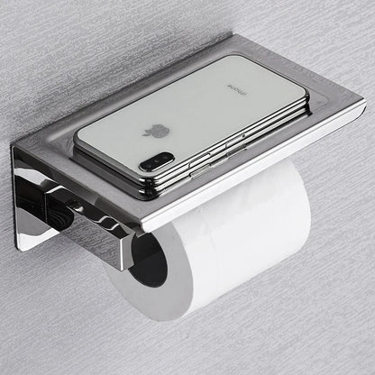 Modern Toilet Paper Dispenser With Shelf – Finished In Matte Black / Silver Stainless Steel Designer Bathroom Accessory with Tissue Roll Holder
