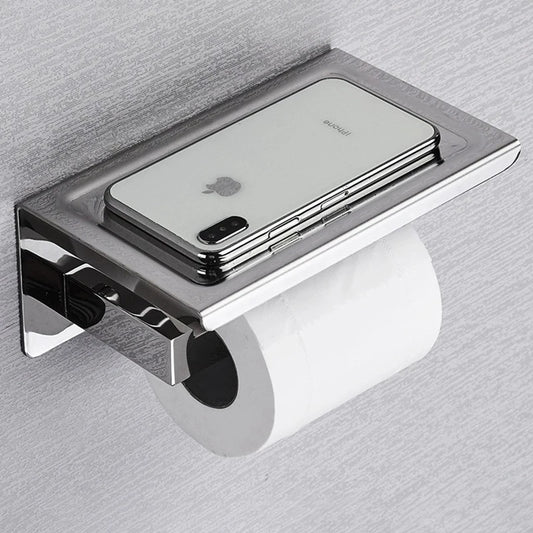 Modern Toilet Paper Dispenser With Shelf – Finished In Matte Black / Silver Stainless Steel Designer Bathroom Accessory with Tissue Roll Holder