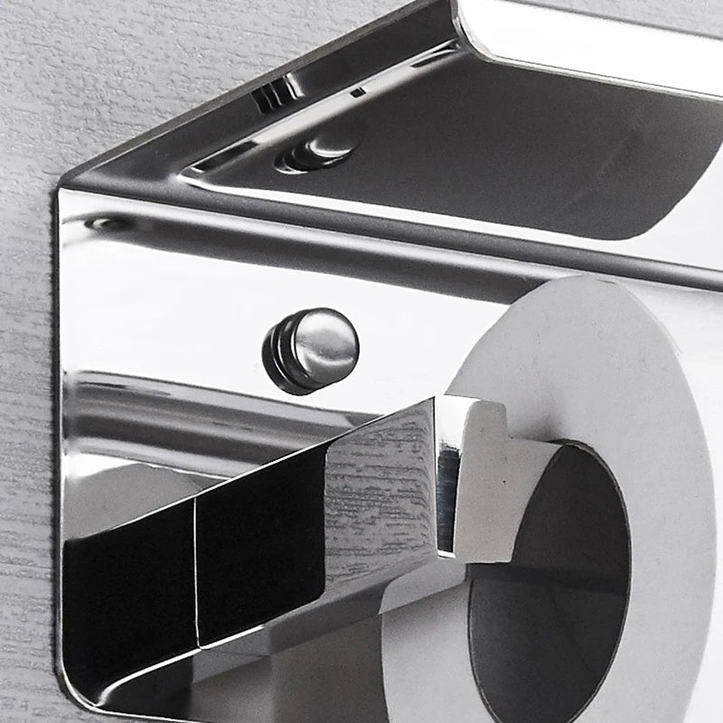 Modern Toilet Paper Dispenser With Shelf – Finished In Matte Black / Silver Stainless Steel Designer Bathroom Accessory with Tissue Roll Holder