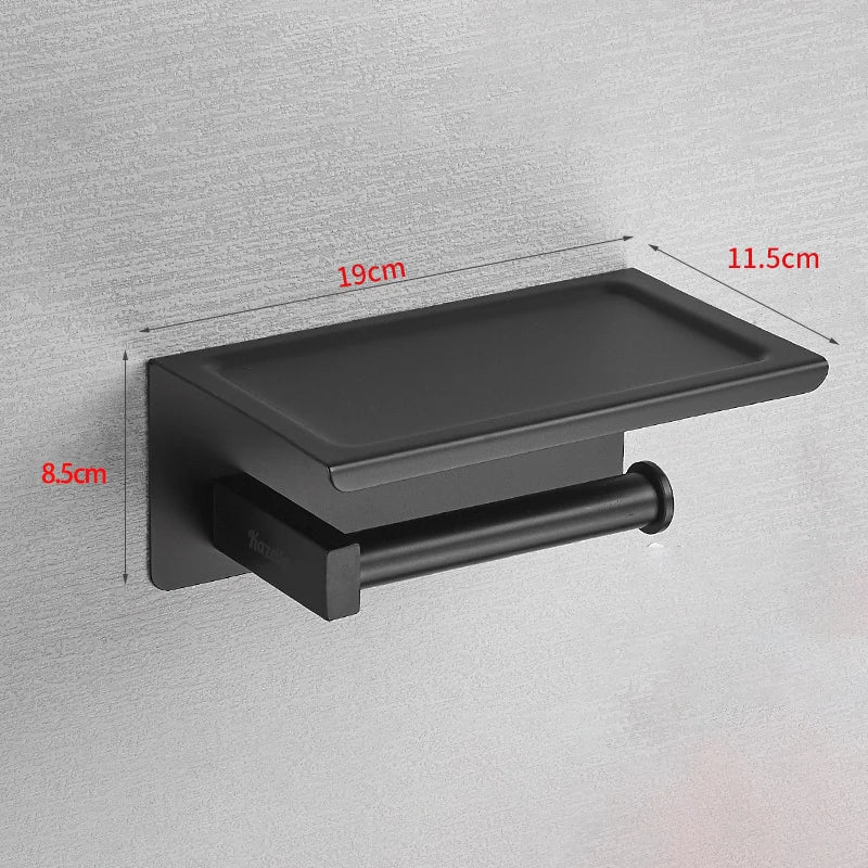 Modern Toilet Paper Dispenser With Shelf – Finished In Matte Black / Silver Stainless Steel Designer Bathroom Accessory with Tissue Roll Holder