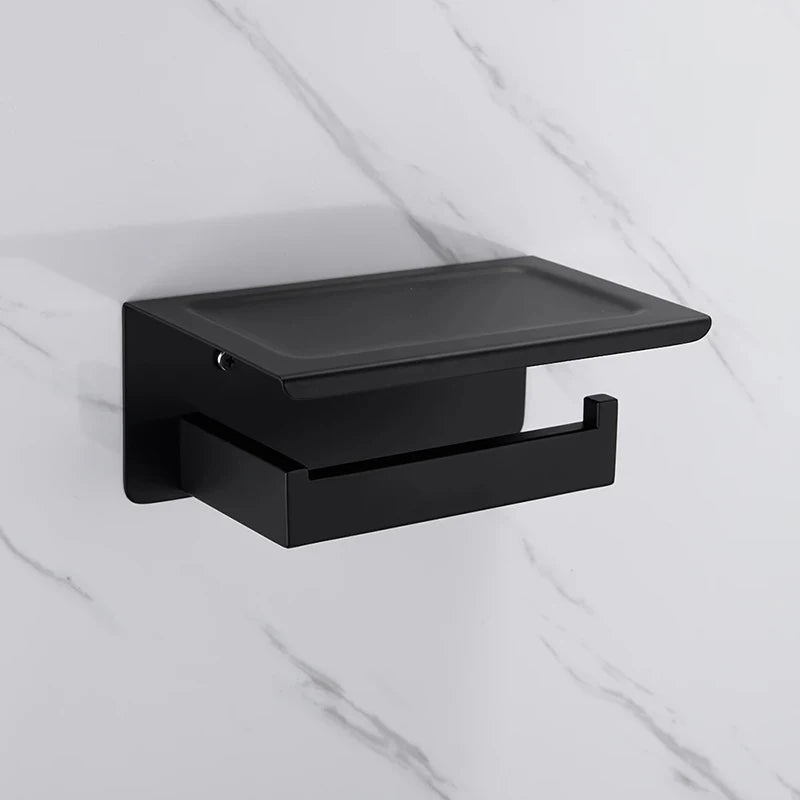 Modern Toilet Paper Dispenser With Shelf – Finished In Matte Black / Silver Stainless Steel Designer Bathroom Accessory with Tissue Roll Holder
