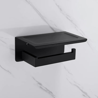 Modern Toilet Paper Dispenser With Shelf – Finished In Matte Black / Silver Stainless Steel Designer Bathroom Accessory with Tissue Roll Holder