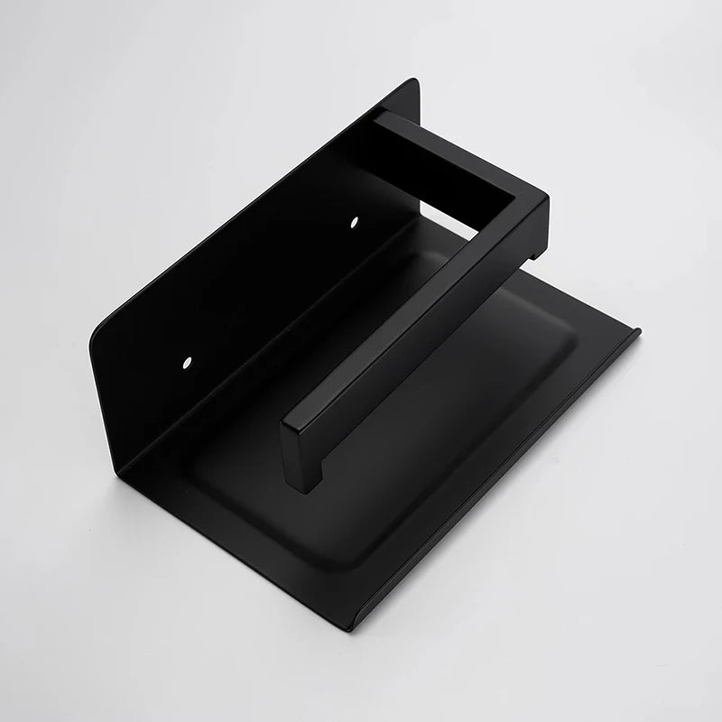 Modern Toilet Paper Dispenser With Shelf – Finished In Matte Black / Silver Stainless Steel Designer Bathroom Accessory with Tissue Roll Holder