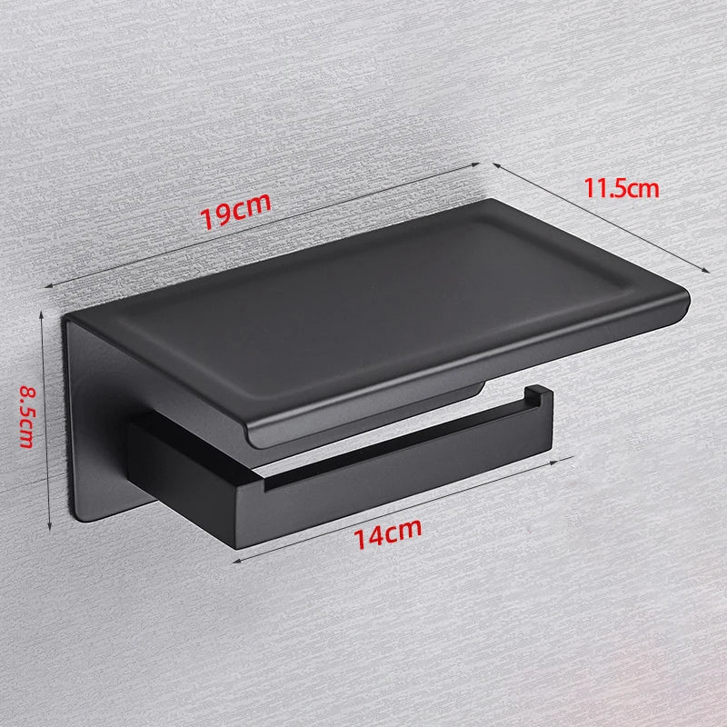 Modern Toilet Paper Dispenser With Shelf – Finished In Matte Black / Silver Stainless Steel Designer Bathroom Accessory with Tissue Roll Holder