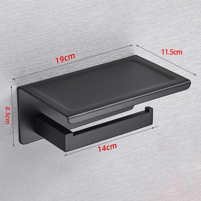 Modern Toilet Paper Dispenser With Shelf – Finished In Matte Black / Silver Stainless Steel Designer Bathroom Accessory with Tissue Roll Holder