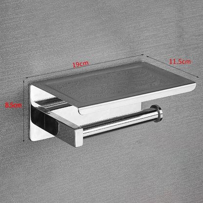 Modern Toilet Paper Dispenser With Shelf – Finished In Matte Black / Silver Stainless Steel Designer Bathroom Accessory with Tissue Roll Holder
