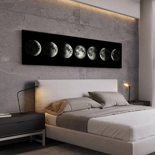 Moon Phases Black White Wall Art Fine Art Canvas Print Wide Format Picture For Bedroom Above The Bed Art For Above The Sofa