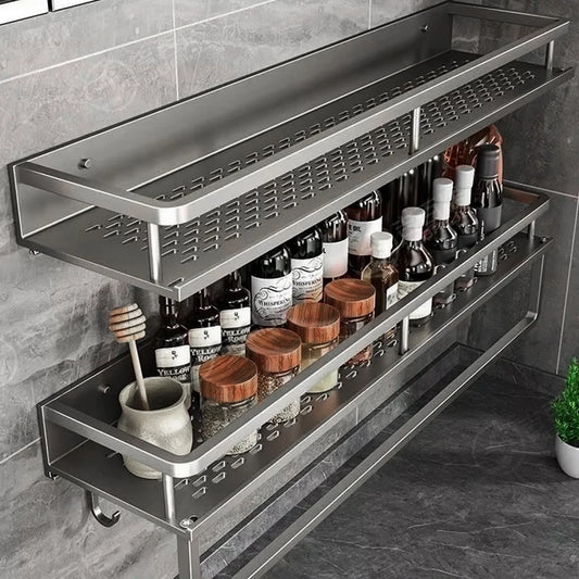Multi-Purpose Aluminum Shelf Organizer – Modern Industrial Design Wall Shelf for Kitchen Storage & Bathroom Toiletries