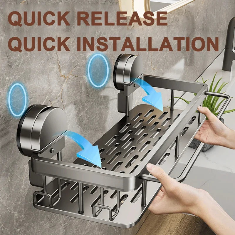 No-Drill Aluminum Bathroom Shelf – Quick Release Suction Cap Shower Rack for Washroom, Toilet & Kitchen Storage