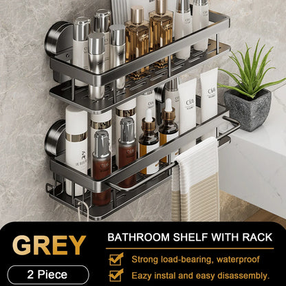 No-Drill Aluminum Bathroom Shelf – Quick Release Suction Cap Shower Rack for Washroom, Toilet & Kitchen Storage