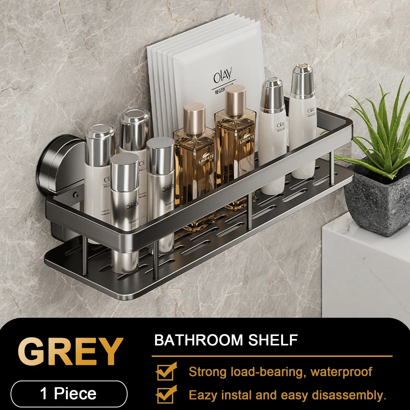 No-Drill Aluminum Bathroom Shelf – Quick Release Suction Cap Shower Rack for Washroom, Toilet & Kitchen Storage