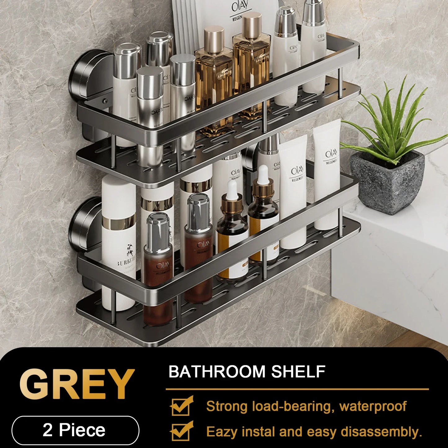 No-Drill Aluminum Bathroom Shelf – Quick Release Suction Cap Shower Rack for Washroom, Toilet & Kitchen Storage