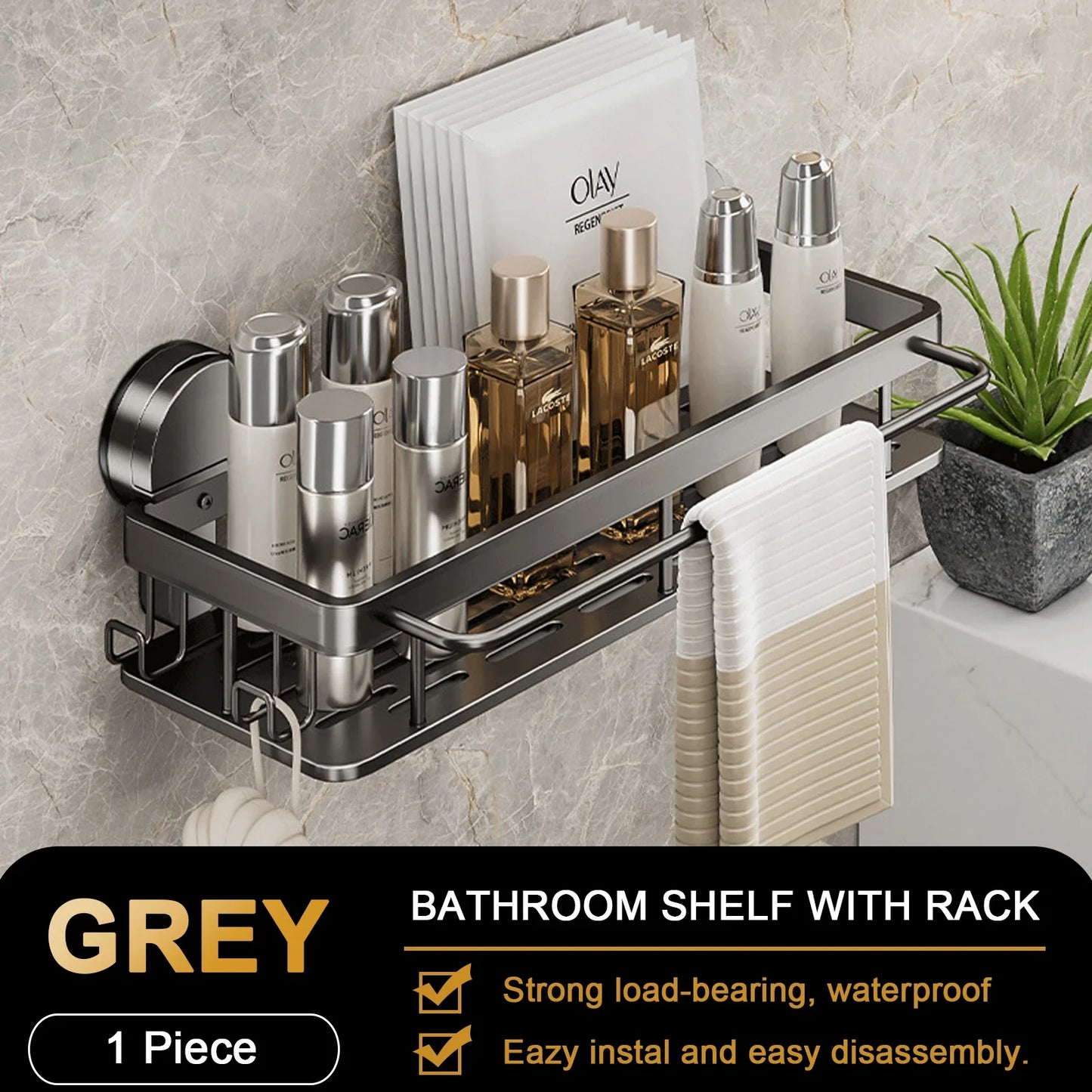 No-Drill Aluminum Bathroom Shelf – Quick Release Suction Cap Shower Rack for Washroom, Toilet & Kitchen Storage