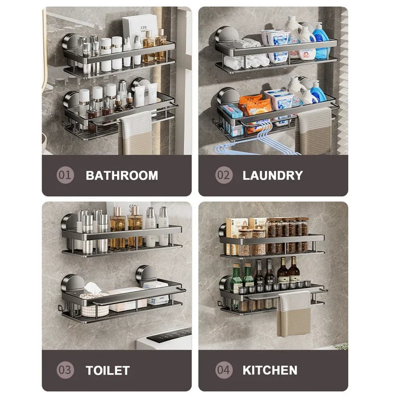 No-Drill Aluminum Bathroom Shelf – Quick Release Suction Cap Shower Rack for Washroom, Toilet & Kitchen Storage