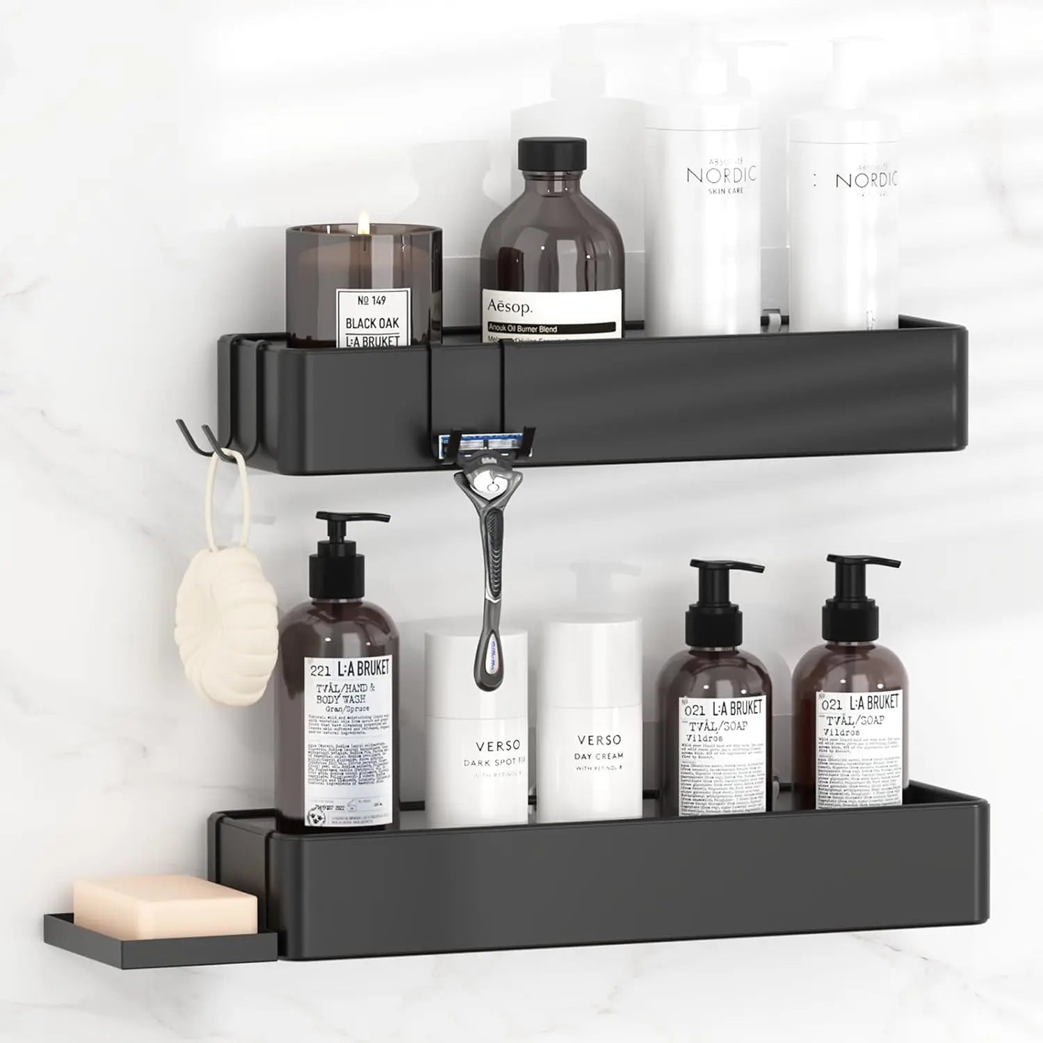 No-Drill Bathroom Cosmetics Organizer – Sleek & Modern Wall-Mounted Shower Shelves with Soap Holder & Hooks