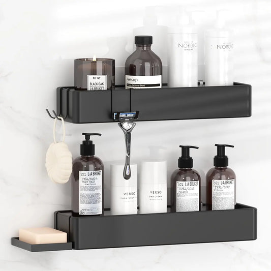 No-Drill Bathroom Cosmetics Organizer – Sleek & Modern Wall-Mounted Shower Shelves with Soap Holder & Hooks