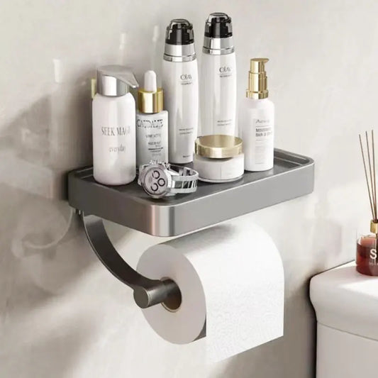 No-Drill Grey Toilet Paper Holder with iPhone Storage Shelf – Wall-Mounted Aluminum Bathroom Organizer Loo Roll Dispenser