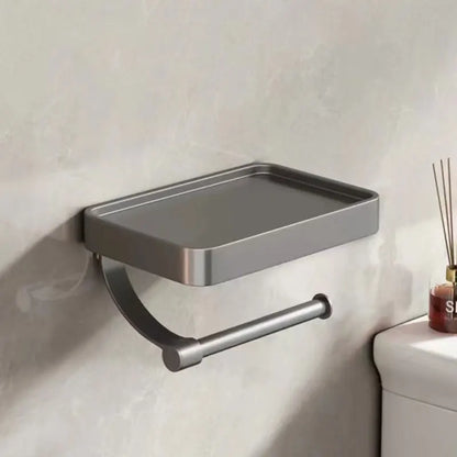 No-Drill Grey Toilet Paper Holder with iPhone Storage Shelf – Wall-Mounted Aluminum Bathroom Organizer Loo Roll Dispenser